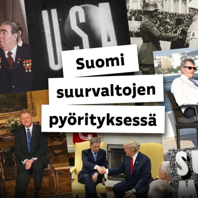Kuvakollaasi jossa Suomen tasavallan presidentit ovat kuvissa muiden valtionpäämiesten kanssa.