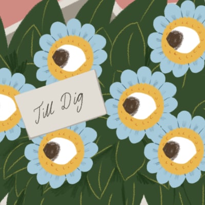 Illustrationen visar en blombukett där blommorna har ögon och ett kort med texten "Till dig"