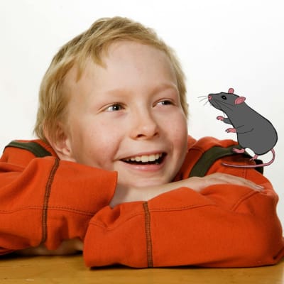 Poika istuu kädet ristissä. Piirretty rotta olkapäällä.