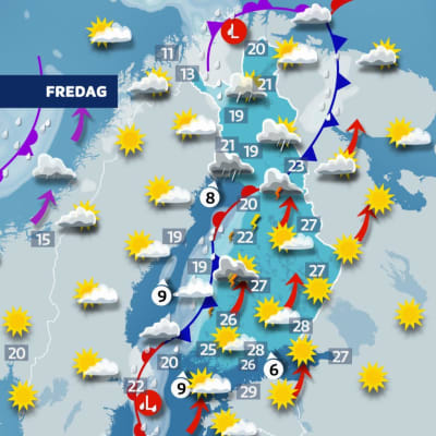 En väderkarta som visar prognosen för Finland på fredag eftermiddag. I södra och östra Finland sol och hetta kring 27-28 grader, i Österbotten och norrut regn och 19-20 grader.