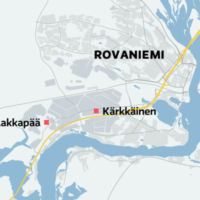 Karttapohja Rovaniemeltä. Karttaan on merkitty suunniteltujen Lakkapään ja Kärkkäisen myymälöiden sijoitus. 