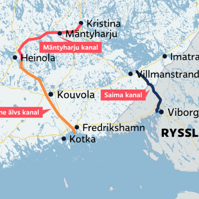 Saima-, Mäntyharju- och Kymmene älvs kanaler på kartan.