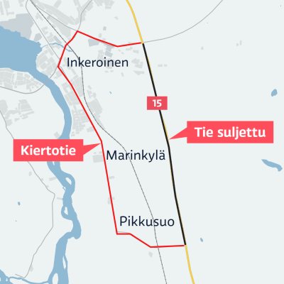 Kiertotie ja suljettu tie merkattu Inkeroisten kartalle.