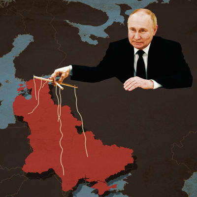 En collagebild med Vladimir Putin som kontrollerar den gamla sovjetiska intressesfären likt en marionettdocka. 