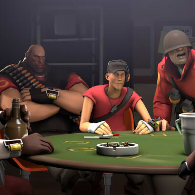 Team Fortress 2 -hahmot pokeripöydän äärellä