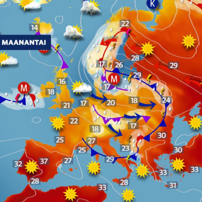 Keski-Euroopassa on laaja matalapaineen alue, jonka ympärillä on hyvin kuumaa ilmaa.