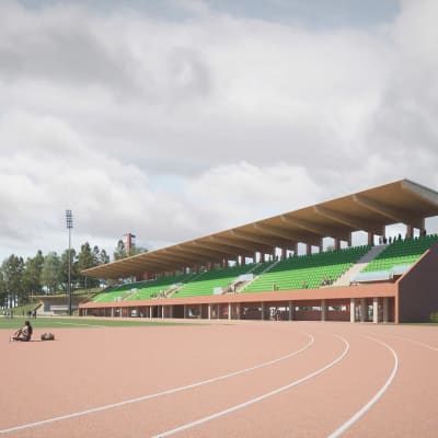 Havainnekuva stadionin sisäpuolelta, jossa ihmiset liikkuvat.