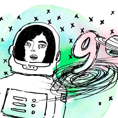 Piirretyssä kuvassa nainen avaruuspuvussa ja numero yhdeksän.