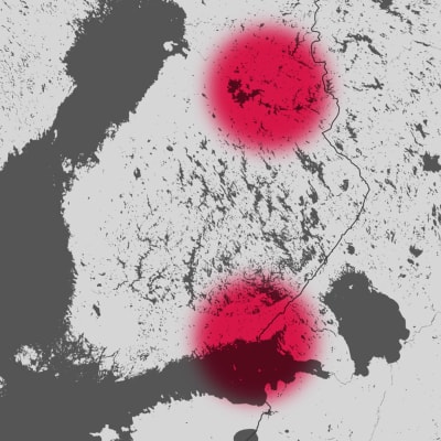 En karta över Finland där två områden, ett i sydöstra Finland och ett i Kajanaland, har märkts ut.