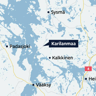 Kartta, jolle on merkitty mustalla tekstillä Padasjoki, Sysmä, Kalkkinen, Vääksy ja Heinola. Punaisessa ruudussa on numero neljä nelostien merkiksi. Keskellä mustassa laatikossa lukee Karilanmaa.