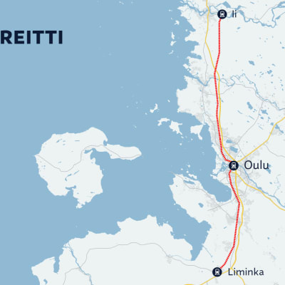 Oulun seudun lähijuna voisi liikennöidä kartalla sijaitsevien Iin ja Limingan välisellä rataosuudella.