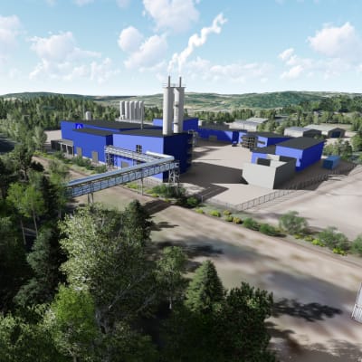Havainnekuva, jossa metsän keskelle on sijoitettu Lahteen kaavailtu Ren-Gas Oy:n vetylaitos. Teollisuusrakennus seisoo metsätontilla.