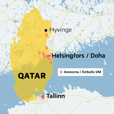 Qatars mått på Finlands och Estlands karta. Landet sträcker sig från Tallinn till lite norr om Hyvinge. Arenorna är centrerade till Helsingfors med omnejd.