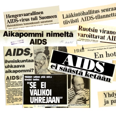 Kuvassa graafinen kollaasi aidsia koskevista, uhkaavansävyisistä lehtiotsikoista noin vuoden 1984 ajalta. 