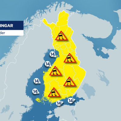 Måndagens varningskarta är gul. Det råder varning för dåligt väglag i hela landet.