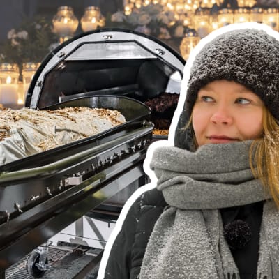 Pipopäinen Mari Jäntti on kuvan etualalla. Kuvaa on muokattu niin, että hänen takanaan näkyy hautakynttilöitä ja havainnekuva ruumiin kompostoinnista.