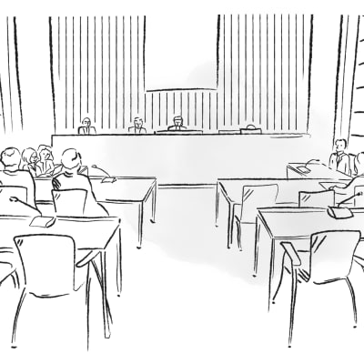 Piirros oikeuden istunnosta