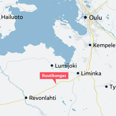Kartta, jossa alareunassa Raahe ja Yläreunassa Oulu sekä merkittynä puoleen väliin kohde Ruutikangas.
