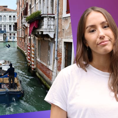 Isabella Biorac Haaja i en vit t-tröja mot en lila bakgrund och Venedig