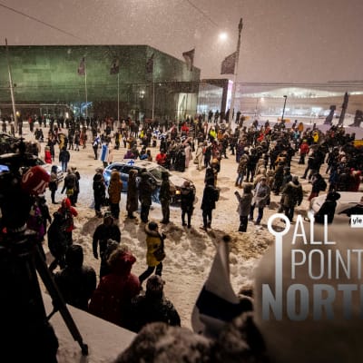 View of the Convoy Finland protest on 4 February 2022, featuring the All Points North podcast logo.
