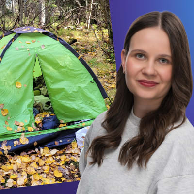 Laura Törnroos står framför en bild på ett litet grönt tält i skogen.