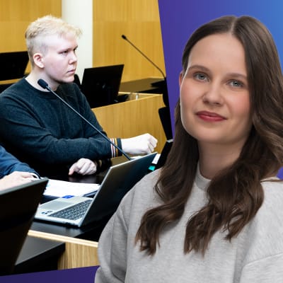 Laura Törnroos står framför en bild på Aleksanteri Kivimäki som åtalats för Vastaamodataintrånget. Aleksanteri sitter i rättssalen bredvid sin advokat. 