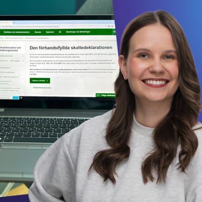 Laura Törnroos står framför en bild på en datorskärm med webbsidan Min skatt uppe.