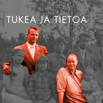 Vanha perhepotretti ja tukea ja tietoa -teksti.