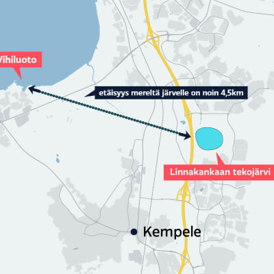 Kempeleen alueen kartta, jossa osoitetaan Linnakankaan tekojärveltä Vihiluotoon suunnitellun joen reitti. 