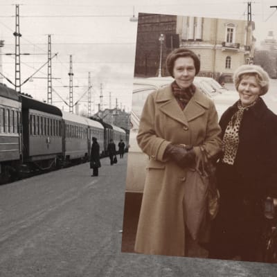 Kirsti von Boehm ja Meri Louhos Leningradissa 1960-luvun loppupuolella. Taustalla Leningradin juna Helsingin rautatieasemalla 1975.
