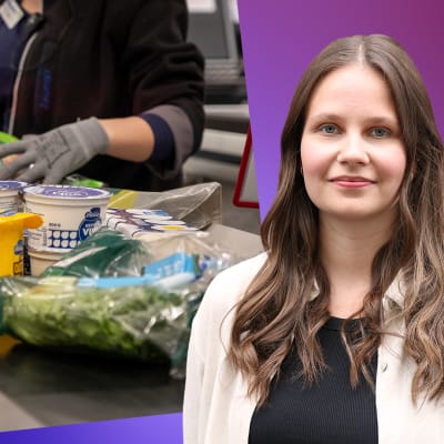 Laura Törnroos står framför en bild på ett rullband med livsmedelsprodukter i en matbutik.