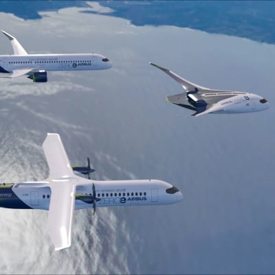 Airbusin kolme konseptikonetta tulevaisuuden vetylentokoneeksi: perinteisen kaltainen, potkuritubiinikone ja uudenlainen ns. lentävä siipi.