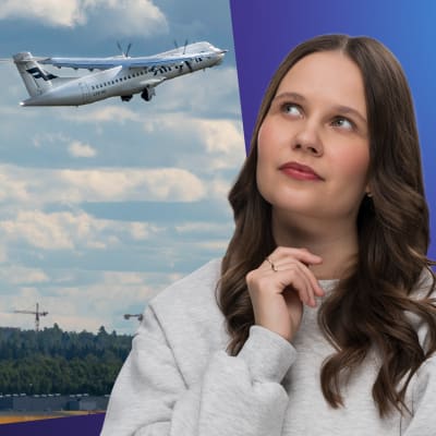 Laura Törnroos står framför en bild på ett flygplan i luften.