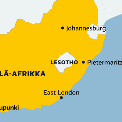 Etelä-Afrikan kartta, jossa Johannesburg, Pietermaritzburg ja East London. 