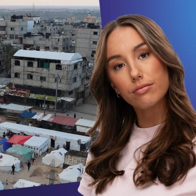 Isabella Biorac Haaja och en bild på Rafah med tält dit palestinier flytt