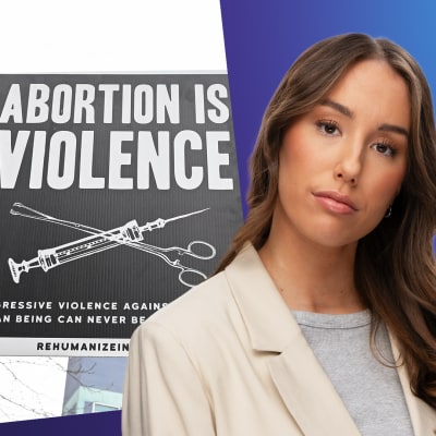 Isabella Biorac Haaja och en bild på ett plakat där det står "Abortion is violence"