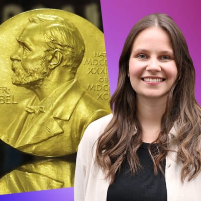 Laura Törnroos står framför en bild på en Nobelmedalj i guld.