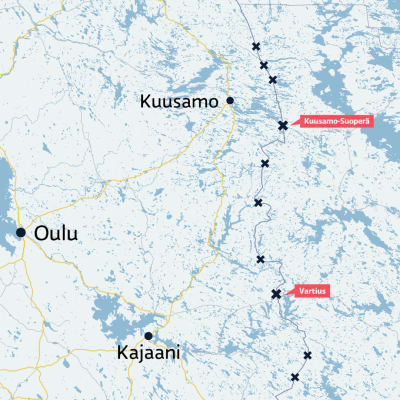 Kartta, jossa merkittynä Oulu, Kajaani ja Kuusamo, sekä Venäjän rajan ylittävät tieyhteydet Kainuussa ja Koillismaalla.