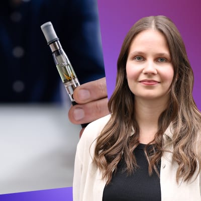 Laura Törnroos står framför en bild på en person som i ena handel håller i en e-cigarett och i den andra handen några vanliga cigaretter.