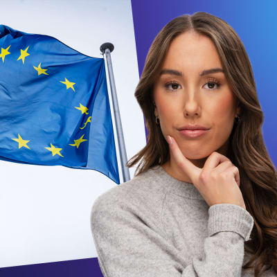 Isabella Biorac Haaja och en bild på EU-flaggan mot en grå himmel.