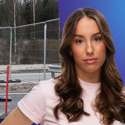 Isabella Biorac Haaja står framför en bild på ett staket vid gränsövergången vid Nuijamaa.