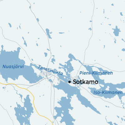 Kartalla näkyy Nuasjärven, Tenetinvirran sekä Pieni- ja Iso-Kiimasen sijainti Sotkamon ympärillä.