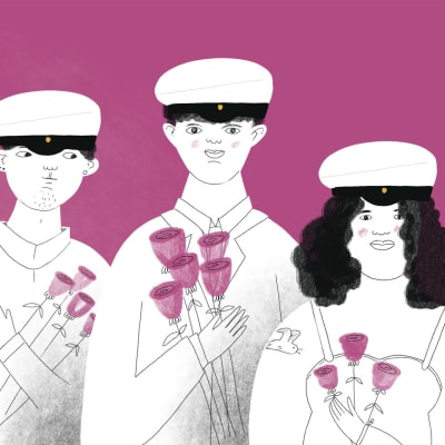 Illustrationen föreställer studenter med rosor i händerna.
