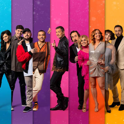 Programledarna i Melodifestivalen 2021 står bredvid varandra mot färggrann bakgrund.