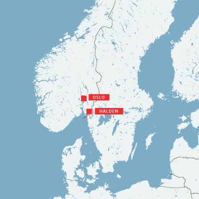 Karta med Halden och Oslo
