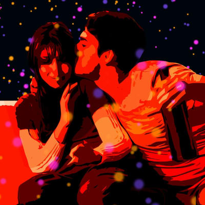 En illustration om en man som kysser en kvinna, medan han håller en vinflaska i handen.