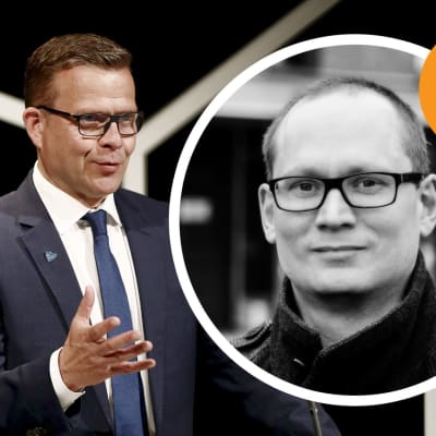 Petteri Orpo, en man i kostym och glasögon. Infälld i en cirkel, en man med glasögon.