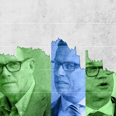 Bilder på Paavo Lipponen, Matti Vanhanen, Alexander Stubb och Antti Rinne infällda i en graf över deras regeringars understöd.