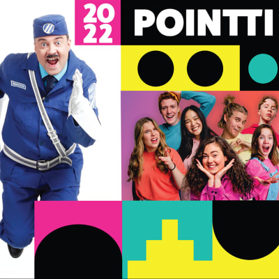 Pointti-kaupunkifestivaalin juliste, jossa graafisia elementtejä, Buu-klubbenin leimasin, liikennepuistopoliisit Maltti ja Valtti sekä Galaxin juontajia.