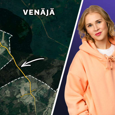 Vasemmalla karttakuva Venäjän ja Viron rajalta. Kartassa näkyy kaksi uloketta rajassa. Oikealla toimittaja Sara Salmi studiossa otetussa kuvassa.